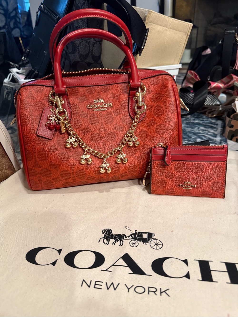 Coach medium Rowan in crimson with matching card case red cherrys only included